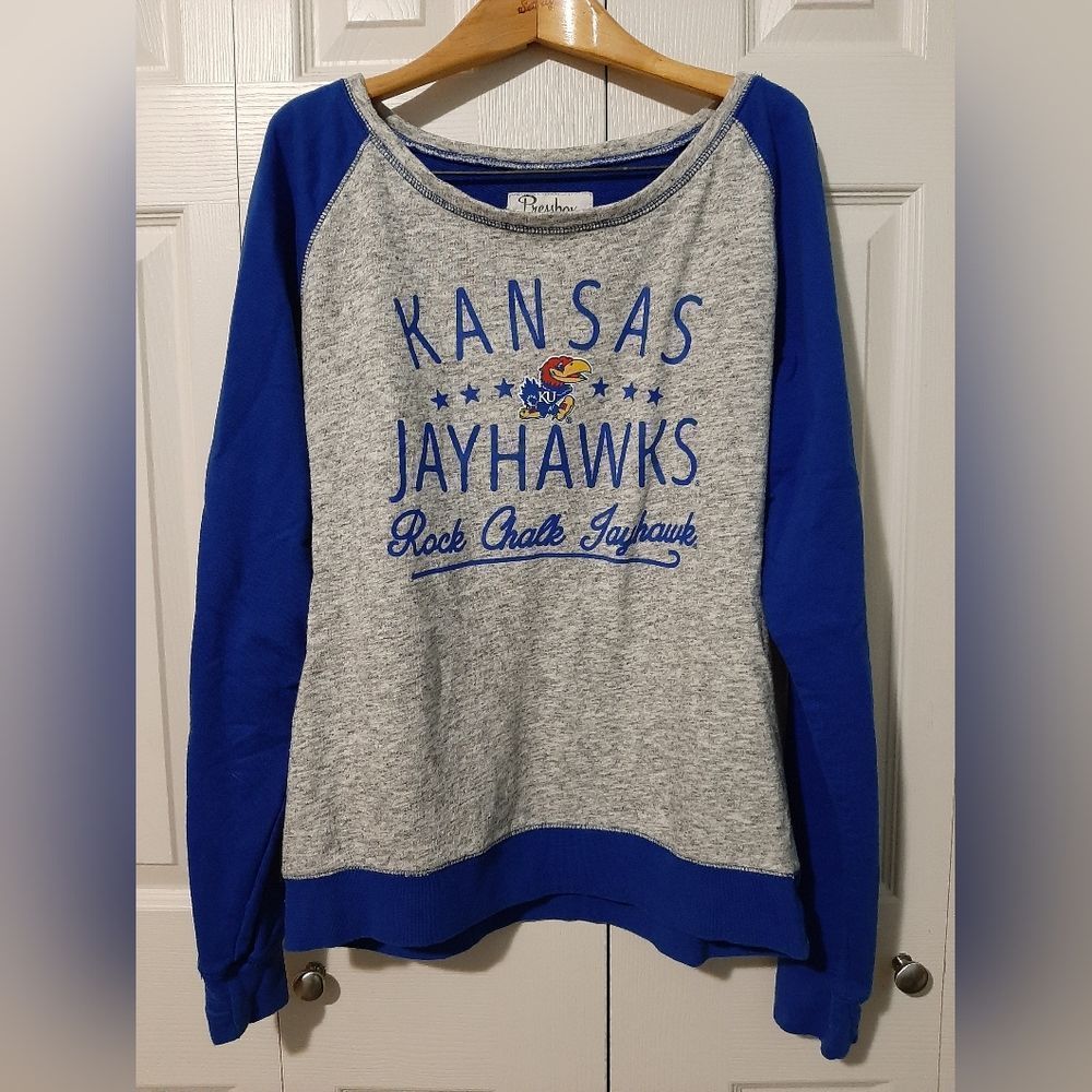 PRESSBOX KU Jayhawks Boat Neck Pullover Long Sleeve Shirt Women's L Blue…